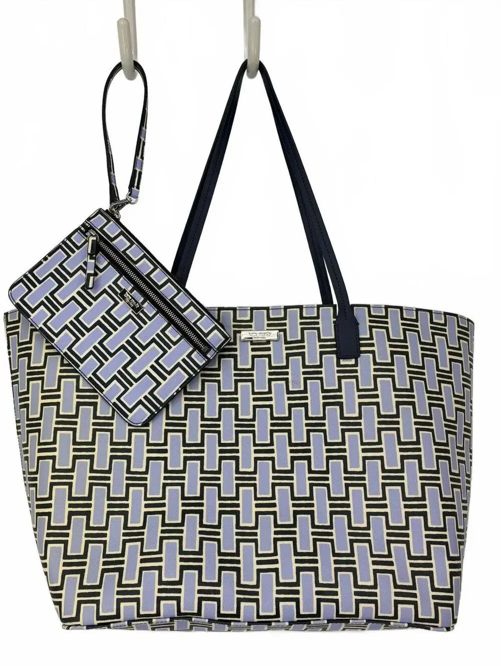 Kate Spad Geometric Pattern Navy, Sky Blue & Cream Tote Bag with  Wristlet